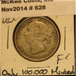 628. 1890 Newfoundland Twenty Cent Piece. F+. Only 100,000 minted.