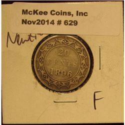 629. 1896 Newfoundland Twenty Cent Piece. F-12.
