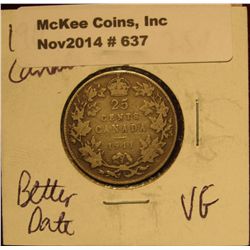 637. 1911 Canada Quarter. VG.