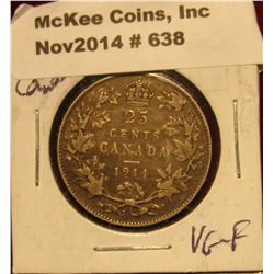 638. 1914 Canada Quarter. VG-F.