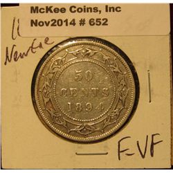 652. 1894 Newfoundland Half Dollar. F-VF.