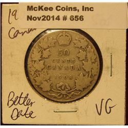 656. 1908 Canada Half Dollar. VG-8.