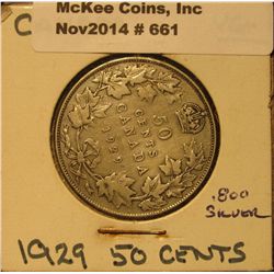 661. 1929 Canada Half Dollar. VG+.