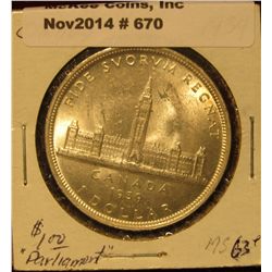 670. 1939 "Parliament" Canada Silver Dollar. Brilliant MS 63.