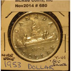 680. 1953 Canada Silver Dollar. Wire Edge. Proof-like. Y-49.