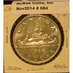 684. 1957 Canada Silver Dollar. 3 Waterlines. Brilliant MS 63. Y-54.