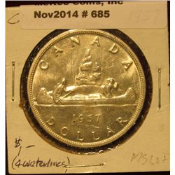 685. 1957 Canada Silver Dollar. 4 Waterlines. Brilliant MS 63. Y-54.