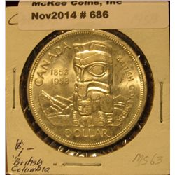 686. 1858-1958 British Columbia Canada "Totem Pole" Silver Dollar. MS 63.