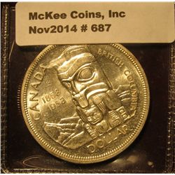 687. 1858-1958 British Columbia Canada "Totem Pole" Silver Dollar. MS 63.