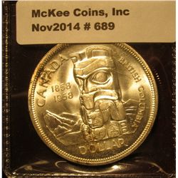 689. 1858-1958 British Columbia Canada "Totem Pole" Silver Dollar. MS 65. Slight touch of toning.
