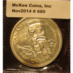 690. 1858-1958 British Columbia Canada "Totem Pole" Silver Dollar. Proof-Like.