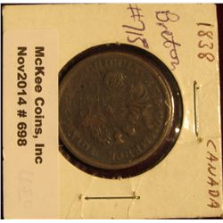 698. 1838 Canada Un Sou Token. Breton # 715. G-VG.