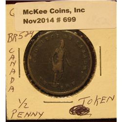 699. 1852 Quebec Bank Half Penny Token. BR # 529. VG.