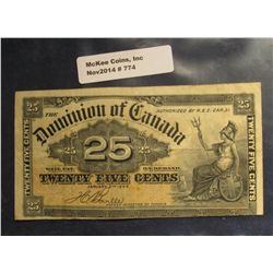 774. January 2, 1900  The Dominion of Canada  .25c Fractional Bank Note. VF. Cut close at bottom.