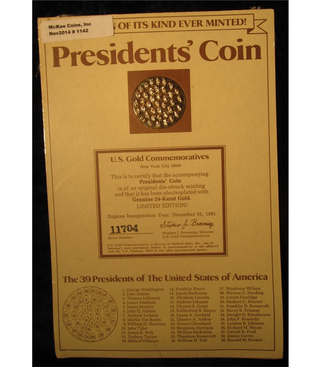 1142. 24K GoldElectroplated President's Coin with 39 Presidents