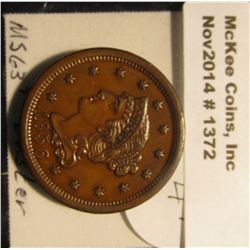 1372. 1856 U.S. Large Cent. Upright 5. Unc with luster. MS 63 Red book value is $225.00.