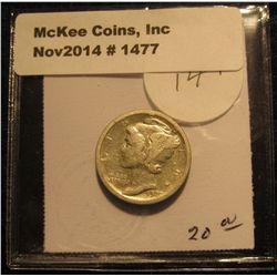 1477. 1920 S Mercury Dime. EF.