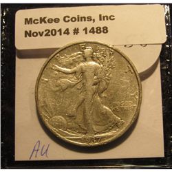 1488. 1937 S Walking Liberty Half Dollar. EF-AU.