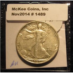 1489. 1937 D Walking Liberty Half Dollar. AU.