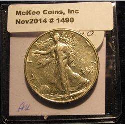 1490. 1937 P Walking Liberty Half Dollar. AU.