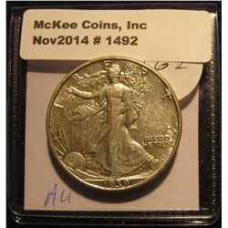 1492. 1939 D Walking Liberty Half Dollar. AU.