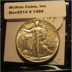 1494. 1941 P Walking Liberty Half Dollar. AU-BU.
