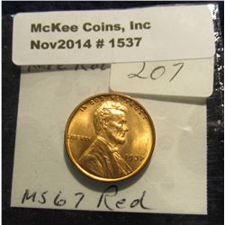 1537. 1937 P Lincoln Cent. Brilliant Full Red MS 65. Book value $125.00.