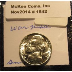 1542. 1942 P U.S. Silver World War II Jefferson Nickel. Gem BU. Book value $20.00.