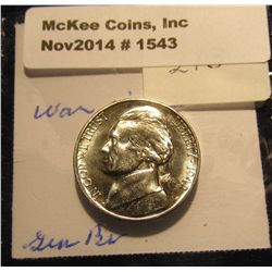 1543. 1942 S U.S. Silver World War II Jefferson Nickel. Gem BU. Book value $22.00.