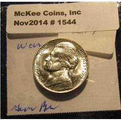 1544. 1943 P U.S. Silver World War II Jefferson Nickel. Gem BU. Full Steps. Book value $100.00.
