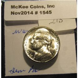 1545. 1943 S U.S. Silver World War II Jefferson Nickel. Gem BU. Book value $20.00.