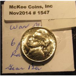 1547. 1943 D U.S. Silver World War II Jefferson Nickel. Six full steps. Gem BU. Book value $50.00.