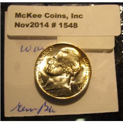 1548. 1944 P U.S. Silver World War II Jefferson Nickel. Full steps. Gem BU. Book value $75.00.