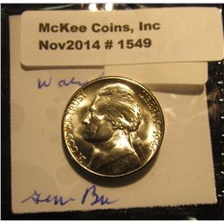 1549. 1944 S U.S. Silver World War II Jefferson Nickel. Gem BU. Book value $20.00.
