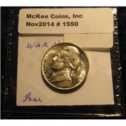 1550. 1945 P U.S. Silver World War II Jefferson Nickel. Gem BU. Book value $28.00.