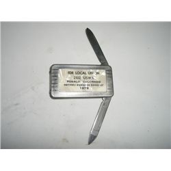VINTAGE POCKET KNIFE/PAPER CLIP WRITTEN *1979 FDR LOCAL UNION PUEBLO,CO*!! KNIFE CAME OUT OF SAFE!!