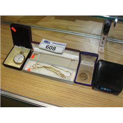 VINTAGE WALTHUM POCKET WATCH, 2 GOLD NECKLACES, GOLD PENDANT,  STERLING SILVER BRACELET AND