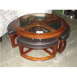 5PC GLASSTOP COFFEE TABLE; TABLE AND 4 STOOLS