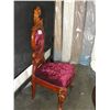 Image 1 : HIGH BACKED CARVED MAHOGANY ACCENT CHAIR WITH PLUSH PURPLE VELVET UPHOLSTERY - BACK REQUIRES