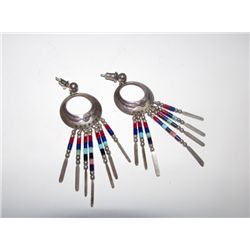 Native American Silver Turquoise Coral Fringe Earrings