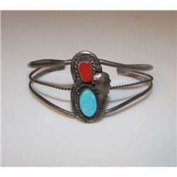 Old Pawn Sterling Navajo Turquoise Coral Bracelet