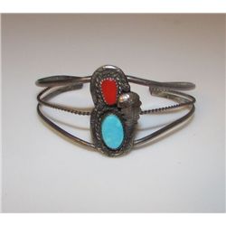 Old Pawn Sterling Navajo Turquoise Coral Bracelet