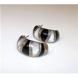 Sterling Silver Mother of Pearl Onyx Inlay Earrings