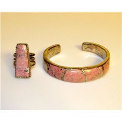 Old Pawn Zuni Sterling Pink Agate Inlay Bracelet & Ring