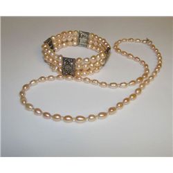 Pink Cultured Pearl Necklace and Bracelet