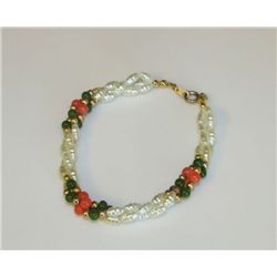 Baroque Pearl, Coral and Jade Vintage Bracelet