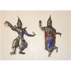 Siam Enamel Sterling Silver Vermeil Dancers Brooches