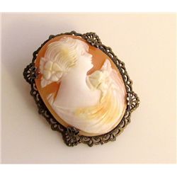 Victorian Carved Shell Sterling Silver Marcasite Cameo