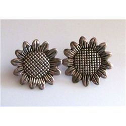 Sterling Silver Mexican Taxco Sunflower Stud Earrings