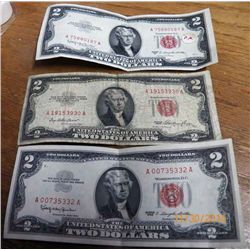 3-Red Seal Two Dollar Bills